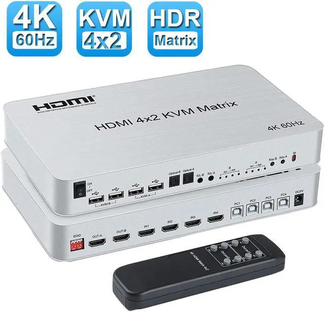Main image of 4 Port USB HDMI KVM Matrix Switch, HDMI 4x2 Dual Monitor KVM Matrix, 4K @60Hz HDR Switch Splitter HDMI 2.0 Audio Video Converter Support PC Keyboard Mouse