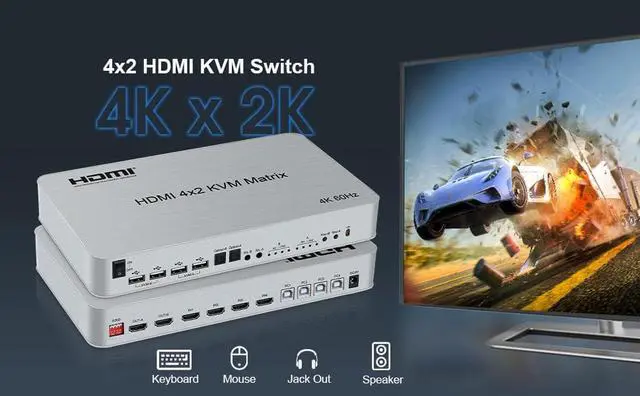 Alt view image 7 of 7 - 4 Port USB HDMI KVM Matrix Switch, HDMI 4x2 Dual Monitor KVM Matrix, 4K @60Hz HDR Switch Splitter HDMI 2.0 Audio Video Converter Support PC Keyboard Mouse