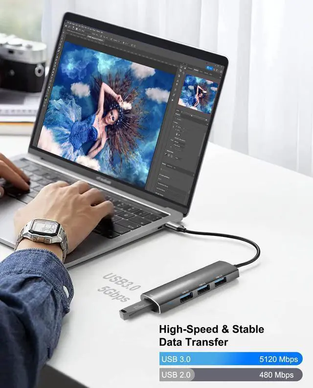 Alt view image 3 of 7 - USB Hub, 4 Port USB 3.0 Hub, with 3x USB 2.0 1x USB3.0, Ultra Slim Portable Data Hub Applicable for Laptop, Desktop PC, USB Flash Drives, Mobile HDD, Mouse, Keyboard, Printer