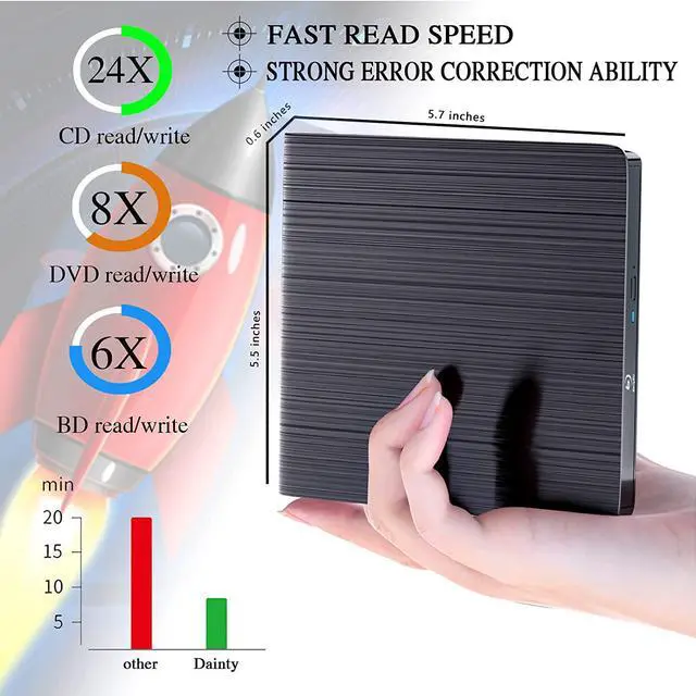 Alt view image 5 of 7 - External Blu-ray CD/DVD Drive, External Blu-ray CD DVD Burner, External DVD CD Drive Portable 3D Blu Ray DVD Burner with USB3.0 and Type-C Port, Suitable for Windows XP/7/8/10 MacOS