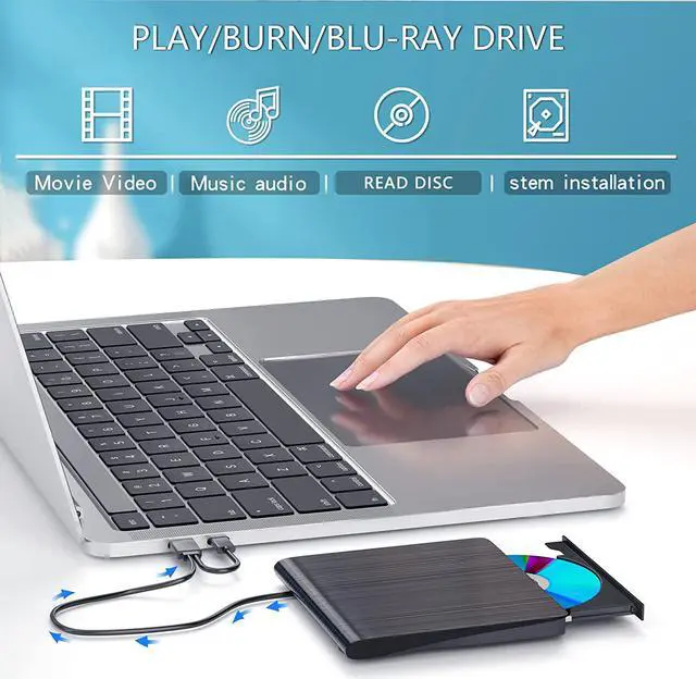 Alt view image 2 of 7 - External Blu-ray CD/DVD Drive, External Blu-ray CD DVD Burner, External DVD CD Drive Portable 3D Blu Ray DVD Burner with USB3.0 and Type-C Port, Suitable for Windows XP/7/8/10 MacOS