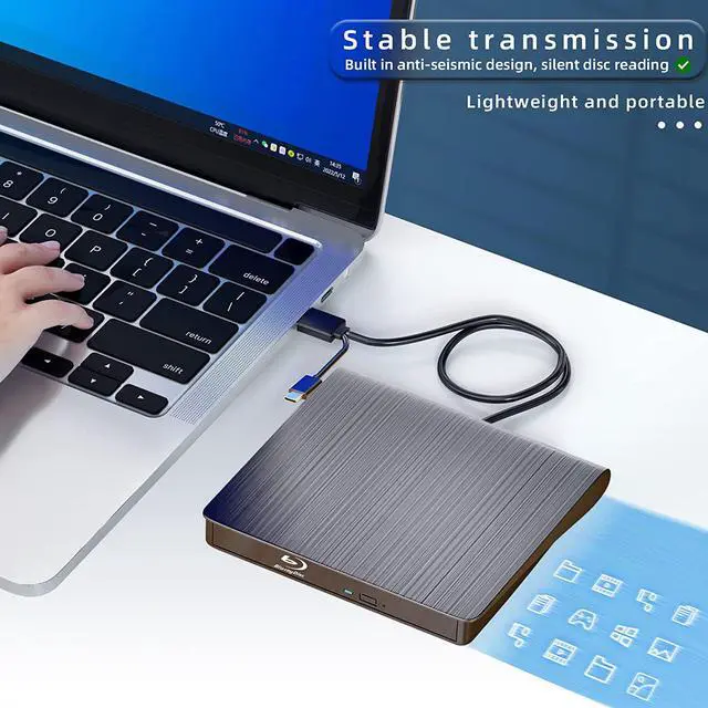 Alt view image 4 of 7 - External Blu-ray CD/DVD Drive, External Blu-ray CD DVD Burner, External DVD CD Drive Portable 3D Blu Ray DVD Burner with USB3.0 and Type-C Port, Suitable for Windows XP/7/8/10 MacOS