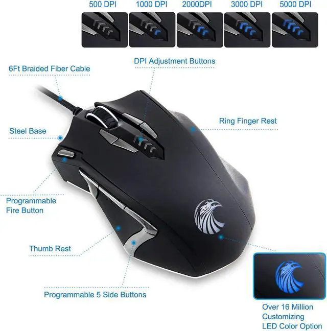 Alt view image 2 of 7 - USB Wired Gaming Mouse, 13 Programmable Buttons (8+5 Side Buttons), RGB LED Backlit, Marco, 10000 DPI Adjustable, Comfortable Grip Ergonomic Optical Gaming Mice with Tunable Weights, Black