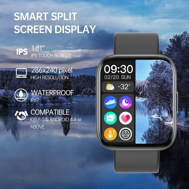 Alt view image 2 of 7 - Smart Watch, New Upgraded 1.81" AMOLED, Split Screen Display, Answer Make Calls, Smartwatch for Men Women iOS Android Smartphones, Blood Oxygen Heart Rate Monitor Fitness Tracker (Black)