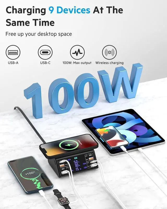 Alt view image 2 of 7 - 8 Port USB Charging Station, 100W Charging Station, 8-Ports Charging Station for Multiple Devices, Multi USB Charger Station, USB C Charging Station Compatible with i-Phone, i-Pad, Sam-sung, Hua-wei