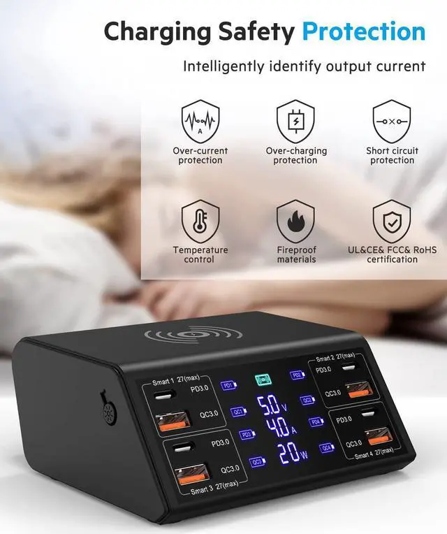 Alt view image 4 of 7 - 8 Port USB Charging Station, 100W Charging Station, 8-Ports Charging Station for Multiple Devices, Multi USB Charger Station, USB C Charging Station Compatible with i-Phone, i-Pad, Sam-sung, Hua-wei