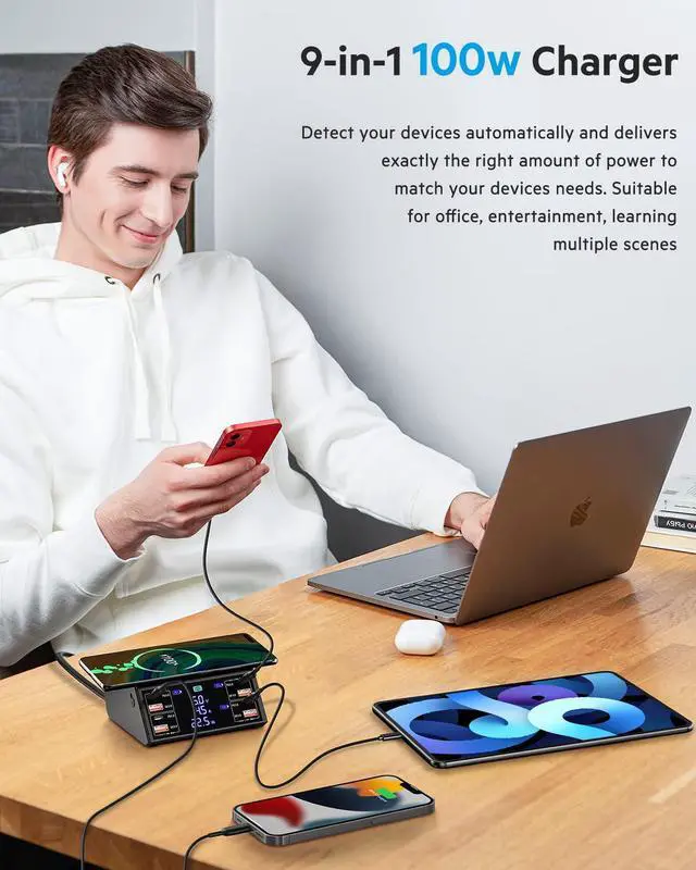 Alt view image 5 of 7 - 8 Port USB Charging Station, 100W Charging Station, 8-Ports Charging Station for Multiple Devices, Multi USB Charger Station, USB C Charging Station Compatible with i-Phone, i-Pad, Sam-sung, Hua-wei
