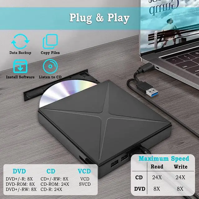 Alt view image 2 of 7 - 5 in 1 External CD/DVD Drive for Laptop, Ultra Slim USB 3.0 Type-C CD DVD +/-RW Burner, Optical Disk Drive Player with 2 USB Ports and TF/SD Reader, for Laptop Mac PC Windows 11/10/8/7 Linux OS