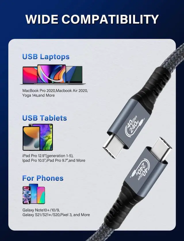 Alt view image 5 of 7 - [Upgraded] USB4 Cable Compatible with Thunderbolt 4/3 Cable 1M / 3.3 ft, Supports 240W Charging / 8K Display / 40Gbps Data Transfer USB C to USB C USB 4 Cable, for Type-C Latops, Hub, Docking and More