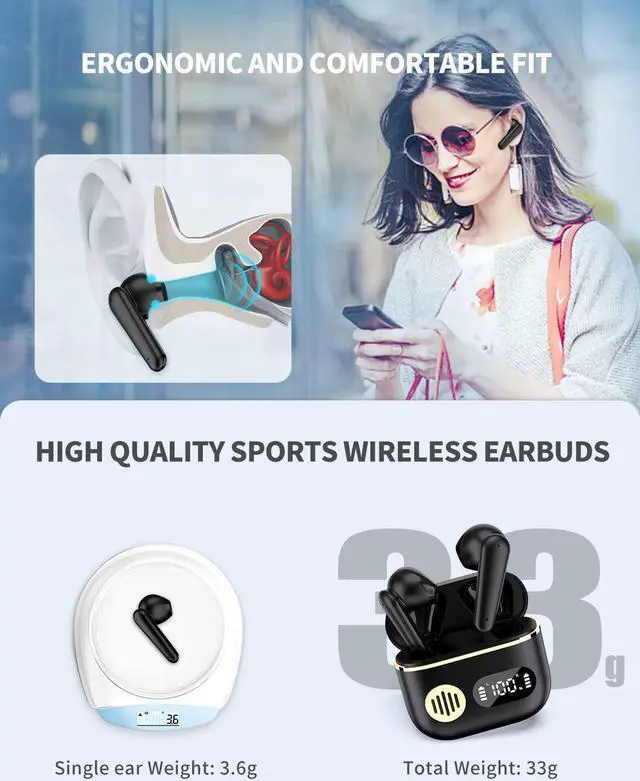 Alt view image 3 of 7 - Wireless Earbuds,Bluetooth 5.2 Headphones in-Ear,Wireless Earphones Noise Cancelling Microphone, Ear buds 45H Playtime with LED Power Display, Mini HiFi Stereo Sound, IP7 Waterproof Touch Control