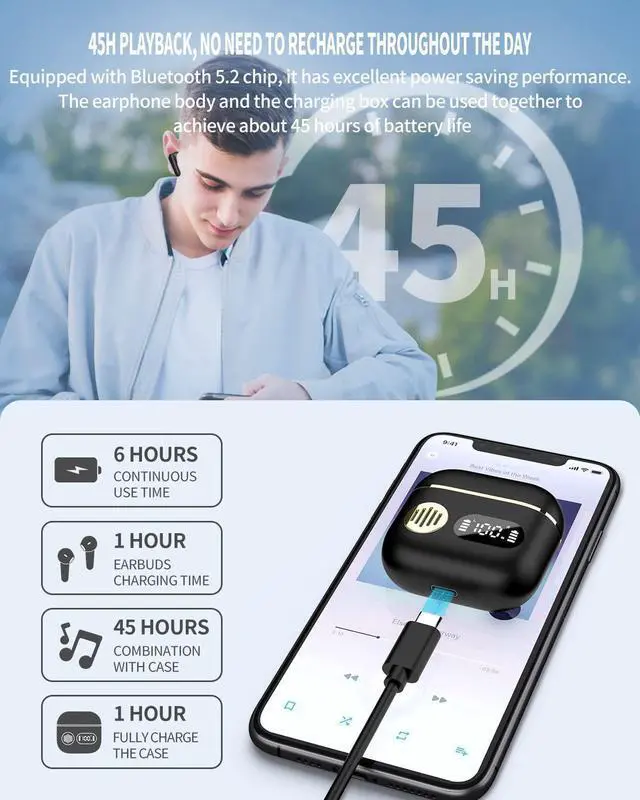 Alt view image 4 of 7 - Wireless Earbuds,Bluetooth 5.2 Headphones in-Ear,Wireless Earphones Noise Cancelling Microphone, Ear buds 45H Playtime with LED Power Display, Mini HiFi Stereo Sound, IP7 Waterproof Touch Control
