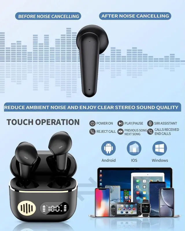 Alt view image 2 of 7 - Wireless Earbuds,Bluetooth 5.2 Headphones in-Ear,Wireless Earphones Noise Cancelling Microphone, Ear buds 45H Playtime with LED Power Display, Mini HiFi Stereo Sound, IP7 Waterproof Touch Control