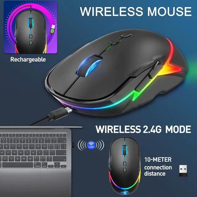 Alt view image 2 of 6 - Wireless Mouse, 2.4G Rechargeable [600mAh] Wireless Gaming Mouse with RGB Backlight 3200 DPI, 7 Buttons Gaming Mice Computer Mouse Compatible with PC Laptop MacOS Windows (Black)