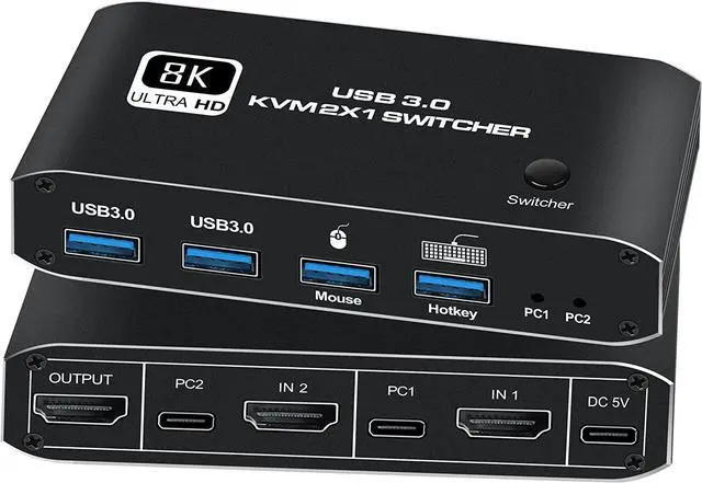 Main image of HDMI KVM Switch, 8K USB Switch 2x1 HDMI2.1 Ports + 4x USB3.0 KVM Ports, Share 2 Computers one Monitor Switch, Supports 8K @60Hz,4K 120Hz, YUV 4:4:4, HDCP 2.3, HDR 10, Hotkey