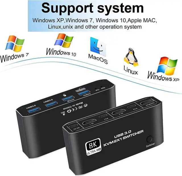 Alt view image 4 of 7 - HDMI KVM Switch, 8K USB Switch 2x1 HDMI2.1 Ports + 4x USB3.0 KVM Ports, Share 2 Computers one Monitor Switch, Supports 8K @60Hz,4K 120Hz, YUV 4:4:4, HDCP 2.3, HDR 10, Hotkey