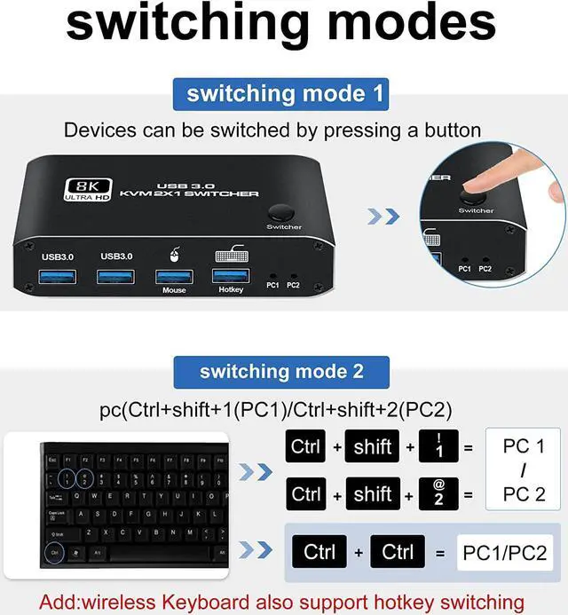 Alt view image 5 of 7 - HDMI KVM Switch, 8K USB Switch 2x1 HDMI2.1 Ports + 4x USB3.0 KVM Ports, Share 2 Computers one Monitor Switch, Supports 8K @60Hz,4K 120Hz, YUV 4:4:4, HDCP 2.3, HDR 10, Hotkey