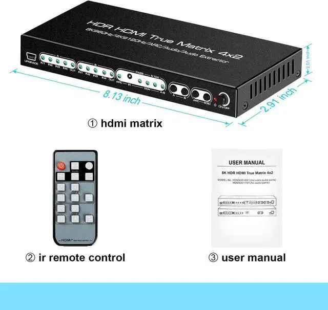 Alt view image 7 of 7 - 8K HDMI Matrix, HDMI2.1 8K 4K Matrix Switch Splitter 8K @60Hz HDMI 2.1 Matrix 4x2 Switcher 4 in 2 Out 4K @120HZ with Remote Support 48Gbps HDR10 HDCP2.3 Dolby Vision Atmos SPDIF 5.1CH ARC