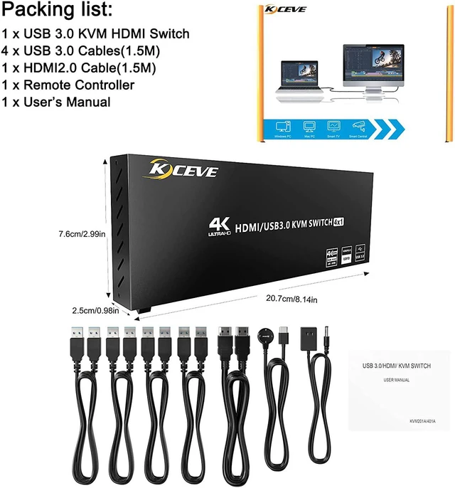Alt view image 7 of 8 - USB 3.0 KVM Switch HDMI 4 Port Support 4K @60Hz RGB 4:4:4, USB Hub HDR EDID, HDMI USB KVM Switch 4 in 1 out and 4 USB 3.0 Port for Keyboard Mouse Printer,with Controller,USB3.0 Cables and HDMI Cable