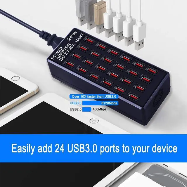 Alt view image 6 of 7 - 24-Port 100 watt (20 A) USB Charging Station, Home Desktop USB Fast Charger, Multiple USB Desktop Chargers, Suitable for Hotels, Shops, Schools, Shopping malls and Travel