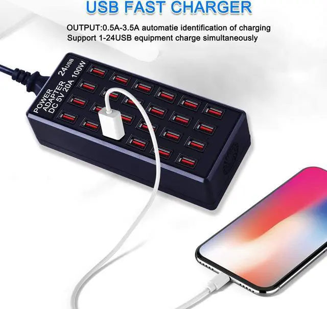 Alt view image 5 of 7 - 24-Port 100 watt (20 A) USB Charging Station, Home Desktop USB Fast Charger, Multiple USB Desktop Chargers, Suitable for Hotels, Shops, Schools, Shopping malls and Travel
