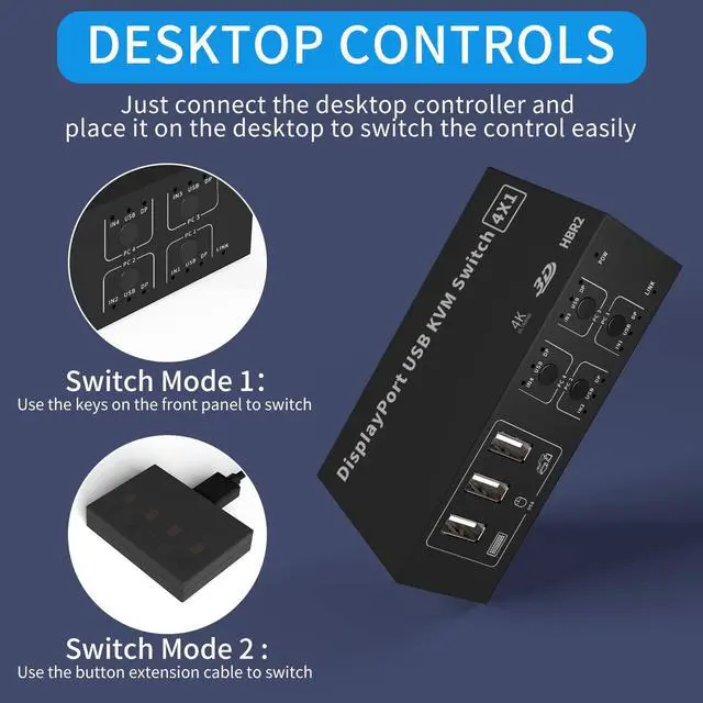 Alt view image 4 of 7 - 4 Port DisplayPort USB KVM Switch, 4K @60Hz 2K@120Hz Ultra HD 4x1 DP KVM Switcher 4 in 1 Out with 4 Pcs 5ft KVM Cables + 4 DP Cables Supports USB 2.0 Device