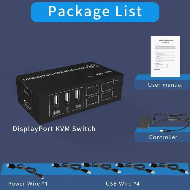 Alt view image 7 of 7 - 4 Port DisplayPort USB KVM Switch, 4K @60Hz 2K@120Hz Ultra HD 4x1 DP KVM Switcher 4 in 1 Out with 4 Pcs 5ft KVM Cables + 4 DP Cables Supports USB 2.0 Device