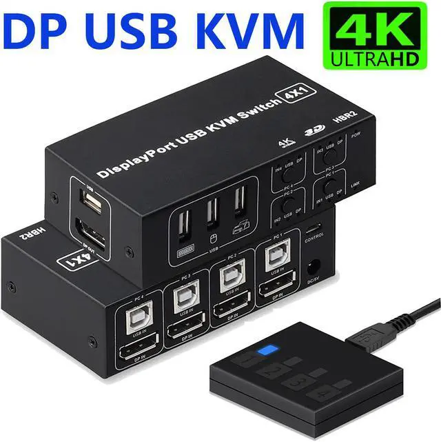 Main image of 4 Port DisplayPort USB KVM Switch, 4K @60Hz 2K@120Hz Ultra HD 4x1 DP KVM Switcher 4 in 1 Out with 4 Pcs 5ft KVM Cables + 4 DP Cables Supports USB 2.0 Device