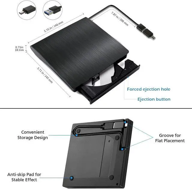 Alt view image 5 of 7 - External CD DVD Drive for Laptop, Portable High-Speed USB-C & USB 3.0 CD/DVD +/-RW Burner CD ROM DVD Optical Drive Reader Rewriter Player for PC Desktops, Compatible with Windows/MacOS/Linux