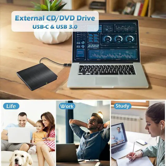 Alt view image 7 of 7 - External CD DVD Drive for Laptop, Portable High-Speed USB-C & USB 3.0 CD/DVD +/-RW Burner CD ROM DVD Optical Drive Reader Rewriter Player for PC Desktops, Compatible with Windows/MacOS/Linux