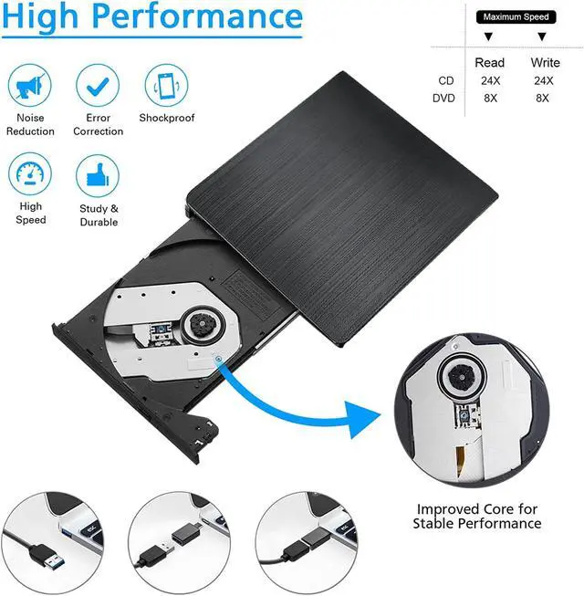 Alt view image 4 of 7 - External CD DVD Drive for Laptop, Portable High-Speed USB-C & USB 3.0 CD/DVD +/-RW Burner CD ROM DVD Optical Drive Reader Rewriter Player for PC Desktops, Compatible with Windows/MacOS/Linux