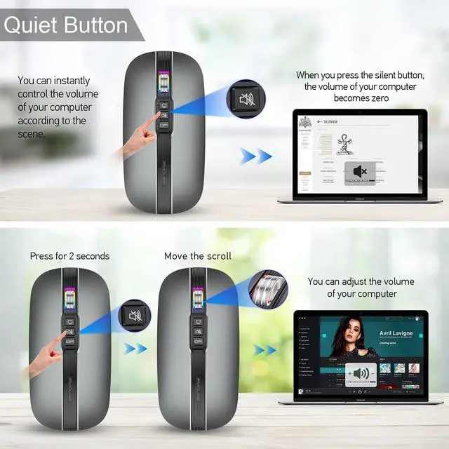 Alt view image 5 of 7 - Silent Bluetooth Wireless Mouse, Slim Travel Mouse with USB Receiver, 2.4G Wireless Bluetooth 5.1 Dual Mode 2400 DPI Quick Mute & Desktop Return Button, Rechargeable Mouse for PC Laptop Desktop (Grey)