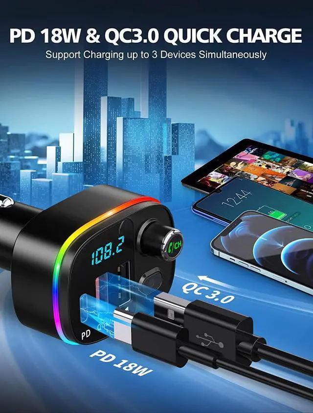 Alt view image 2 of 7 - Bluetooth FM Transmitter for Car Bluetooth 5.0, QC3.0 & PD 18W USB C Car Charger, 9 RGB Backlit Car Bluetooth Receivers, Bluetooth Car Adapter Support Handsfree Calls, Siri Google Assistant, USB Drive
