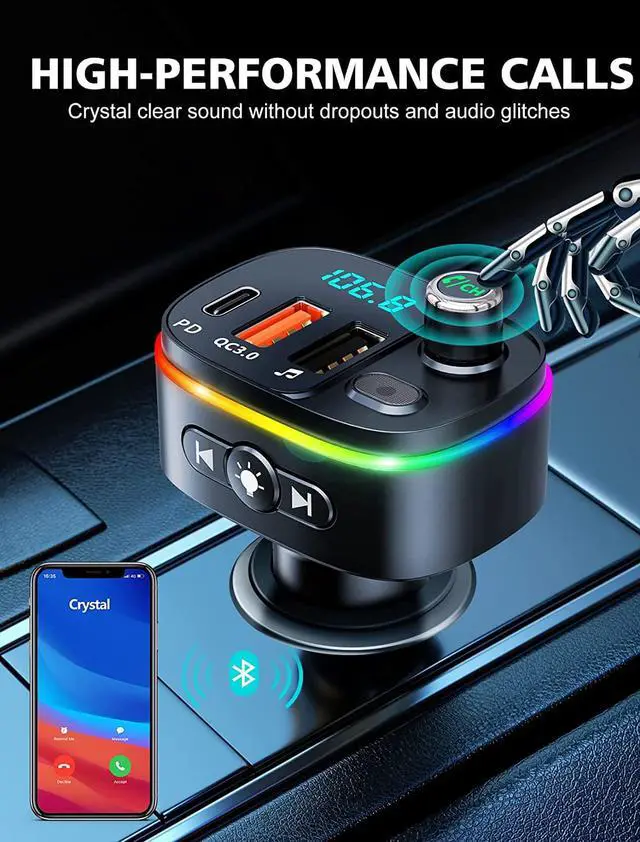 Alt view image 4 of 7 - Bluetooth FM Transmitter for Car Bluetooth 5.0, QC3.0 & PD 18W USB C Car Charger, 9 RGB Backlit Car Bluetooth Receivers, Bluetooth Car Adapter Support Handsfree Calls, Siri Google Assistant, USB Drive