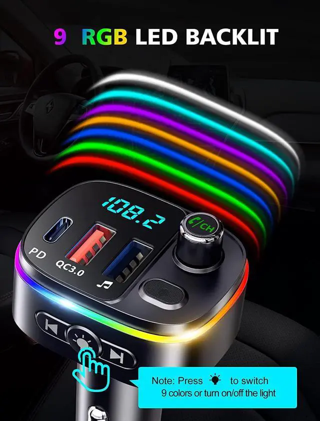 Alt view image 6 of 7 - Bluetooth FM Transmitter for Car Bluetooth 5.0, QC3.0 & PD 18W USB C Car Charger, 9 RGB Backlit Car Bluetooth Receivers, Bluetooth Car Adapter Support Handsfree Calls, Siri Google Assistant, USB Drive