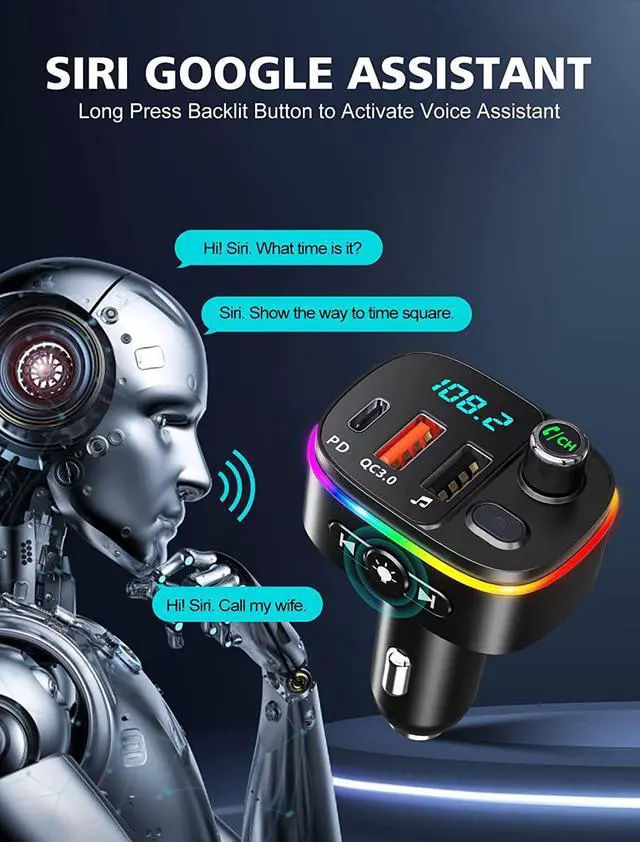 Alt view image 7 of 7 - Bluetooth FM Transmitter for Car Bluetooth 5.0, QC3.0 & PD 18W USB C Car Charger, 9 RGB Backlit Car Bluetooth Receivers, Bluetooth Car Adapter Support Handsfree Calls, Siri Google Assistant, USB Drive
