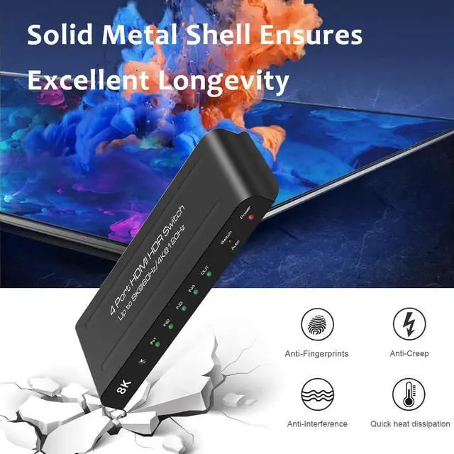 Alt view image 6 of 7 - [Upgraded] HDMI 2.1 Switch 8K @60Hz 4K @120Hz 4 in 1 Out HDMI Auto Switcher with Remote Support 48Gbps, HDR10+, HDCP2.3, D-o-l-b-y Vision/ Atmos and CEC (with US Power Adapter)