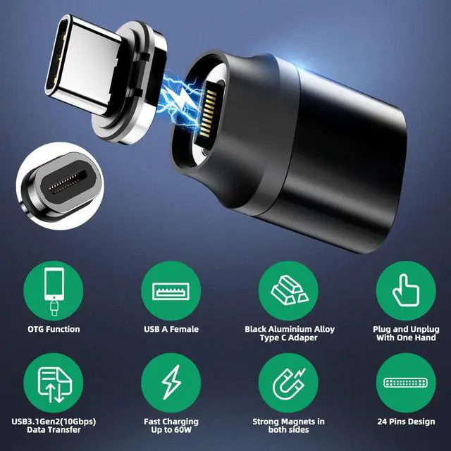 Alt view image 2 of 7 - USB C to USB Magnetic Adapter 24Pins USB C Male to USB A Female Adapter 2 Pack with PD 60W Charge 10Gbps USB3.1/USB3.0 for M-a-c-B-o-o-k Pro /Air and More Type C Devices