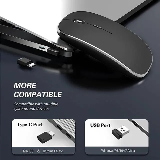 Alt view image 2 of 7 - 2.4G Wireless Mouse 450mAh Chargeable Portable Silent Wireless Mouse USB and Type-C Dual Mode Wireless Mouse 3 Adjustable DPI [1000/1200/1600 DPI] for Laptop, MacOS, Android, PC (Black)