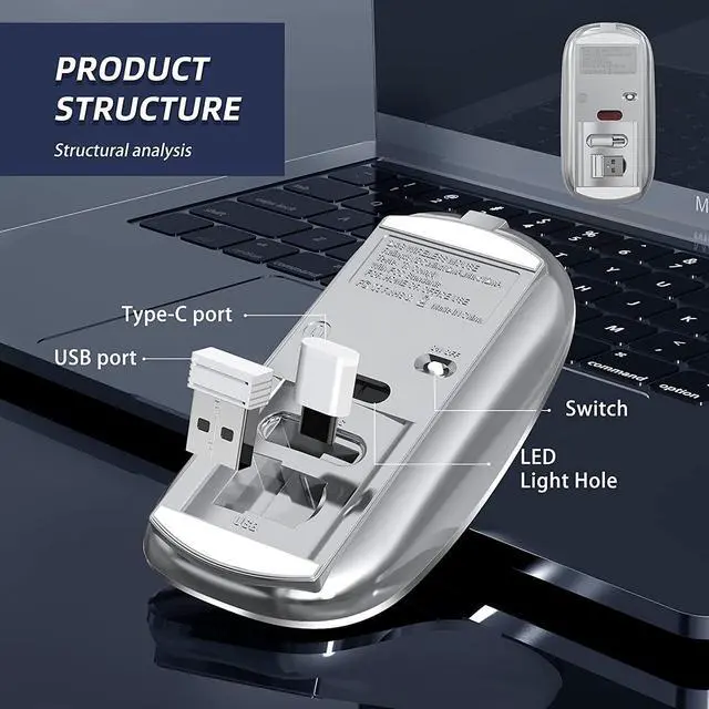 Alt view image 6 of 7 - 2.4G Wireless Mouse 450mAh Chargeable Portable Silent Wireless Mouse USB and Type-C Dual Mode Wireless Mouse 3 Adjustable DPI [1000/1200/1600 DPI] for Laptop, MacOS, Android, PC (Gray)