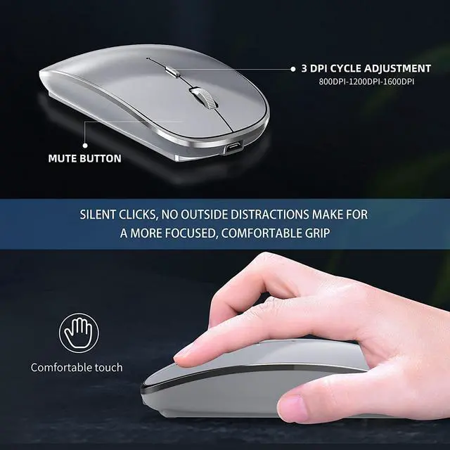 Alt view image 4 of 7 - 2.4G Wireless Mouse 450mAh Chargeable Portable Silent Wireless Mouse USB and Type-C Dual Mode Wireless Mouse 3 Adjustable DPI [1000/1200/1600 DPI] for Laptop, MacOS, Android, PC (Gray)