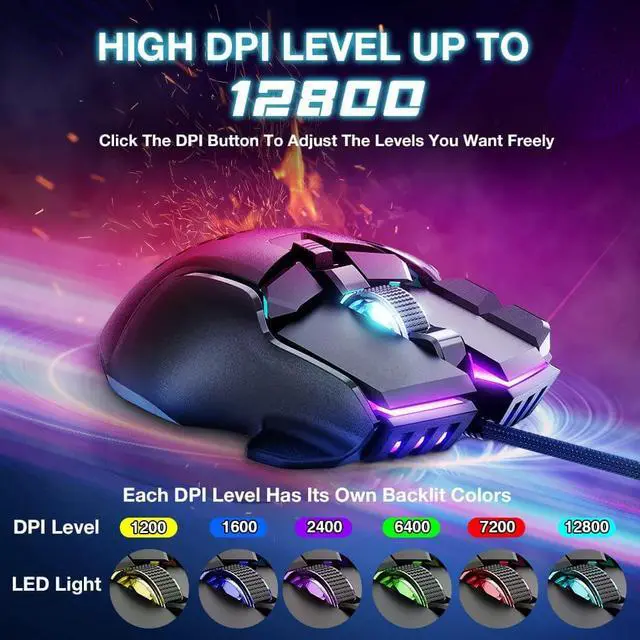 Alt view image 2 of 7 - Wired Gaming Mouse, Computer PC Gaming Mice USB Mouse with 12 RGB Backlit Modes, High-Precision Adjustable 12800 DPI, 10 Programmable Buttons, Ergonomic Plug Play Gamer Mouse for Laptop Mac