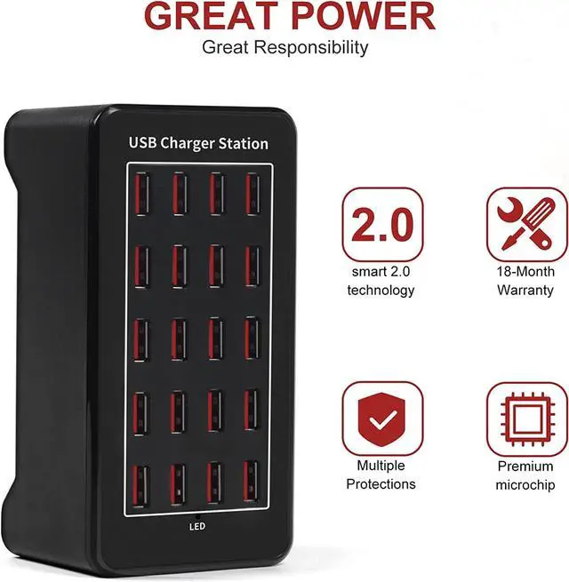 Alt view image 7 of 7 - 20 Port 100W(20A) Multiport USB Charging Station for Multiple Devices, Multi Port USB Charger Station with IC Detection for Smartphones, Tablets and More, Suitable for School, Mall, Hotel, Shop