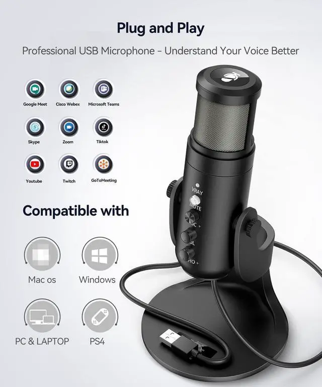 Alt view image 2 of 7 - USB Microphone, Professional 3.5mm Jack USB Condenser Microphone with Gain/Echo/VOL Knob for Gaming, Streaming, Recording, Podcast, Voice Overs, Zoom, YouTube, Compatible with Computer/PC/Mac/Windows