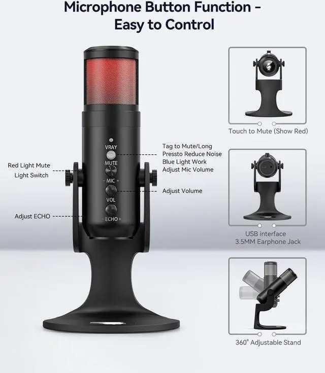 Alt view image 7 of 7 - USB Microphone, Professional 3.5mm Jack USB Condenser Microphone with Gain/Echo/VOL Knob for Gaming, Streaming, Recording, Podcast, Voice Overs, Zoom, YouTube, Compatible with Computer/PC/Mac/Windows