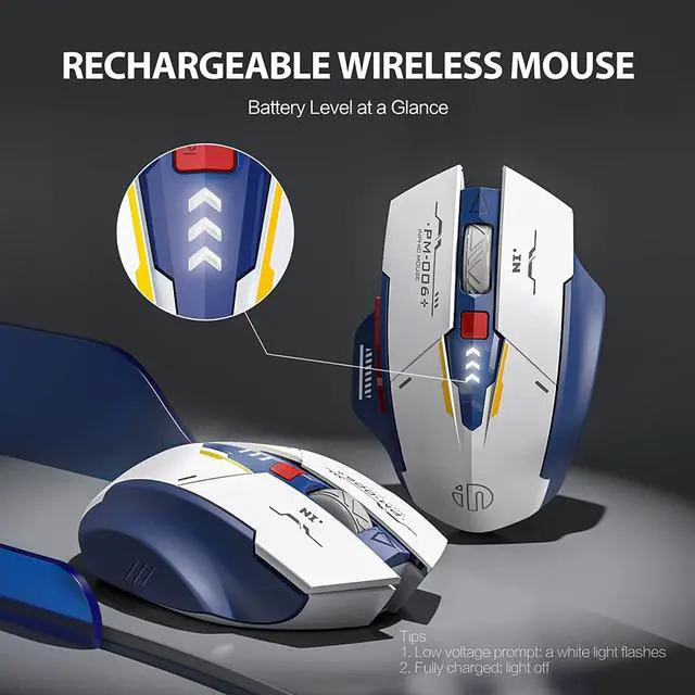 Alt view image 2 of 7 - Wireless Mouse, Rechargeable Wireless Mouse, Ergonomic Silent Mice with 2.4G USB Receiver Mecha Style Mouse Wireless for Laptop Computer MacOS, Blue & White