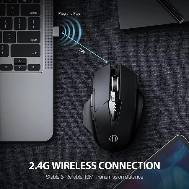 Alt view image 2 of 7 - Rechargable 2.4G USB Wireless Mouse, [Upgraded: Battery Level Visible] Large Ergonomic Rechargeable 2.4G Optical PC Laptop Cordless Mice with USB Nano Receiver, Black