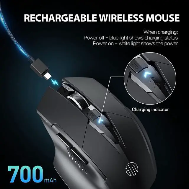 Alt view image 3 of 7 - Rechargable 2.4G USB Wireless Mouse, [Upgraded: Battery Level Visible] Large Ergonomic Rechargeable 2.4G Optical PC Laptop Cordless Mice with USB Nano Receiver, Black