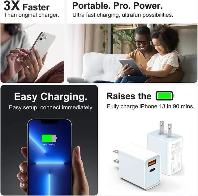 Alt view image 6 of 6 - [3 Pack] USB-C Wall Charger, 20W Durable Dual Port QC+PD 3.0 Power Adapter, Double Fast Plug Charging Block for i-P-h-o-n-e 14/14 Pro/14 Pro Max/14 Plus/13/12/11, XS/XR/X etc.. (White)