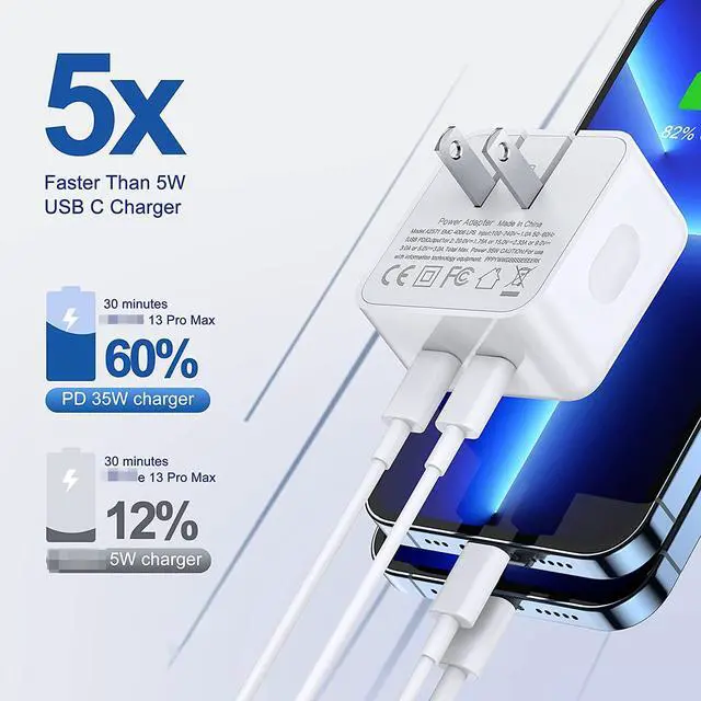 Alt view image 2 of 7 - 35W Dual USB-C Port Compact Power Adapter, DUal Port PD 3.0 GaN Foldable USB Type C Plug Fast Wall Charger Block for i-P-h-o-n-e 13 12 11 14 Pro Max Plus, i-P-a-d, A-i-r-P-o-d-s, M-a-c-B-o-o-k Air