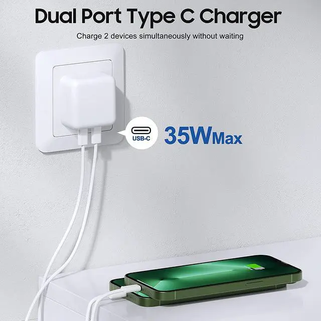 Alt view image 4 of 7 - 35W Dual USB-C Port Compact Power Adapter, DUal Port PD 3.0 GaN Foldable USB Type C Plug Fast Wall Charger Block for i-P-h-o-n-e 13 12 11 14 Pro Max Plus, i-P-a-d, A-i-r-P-o-d-s, M-a-c-B-o-o-k Air